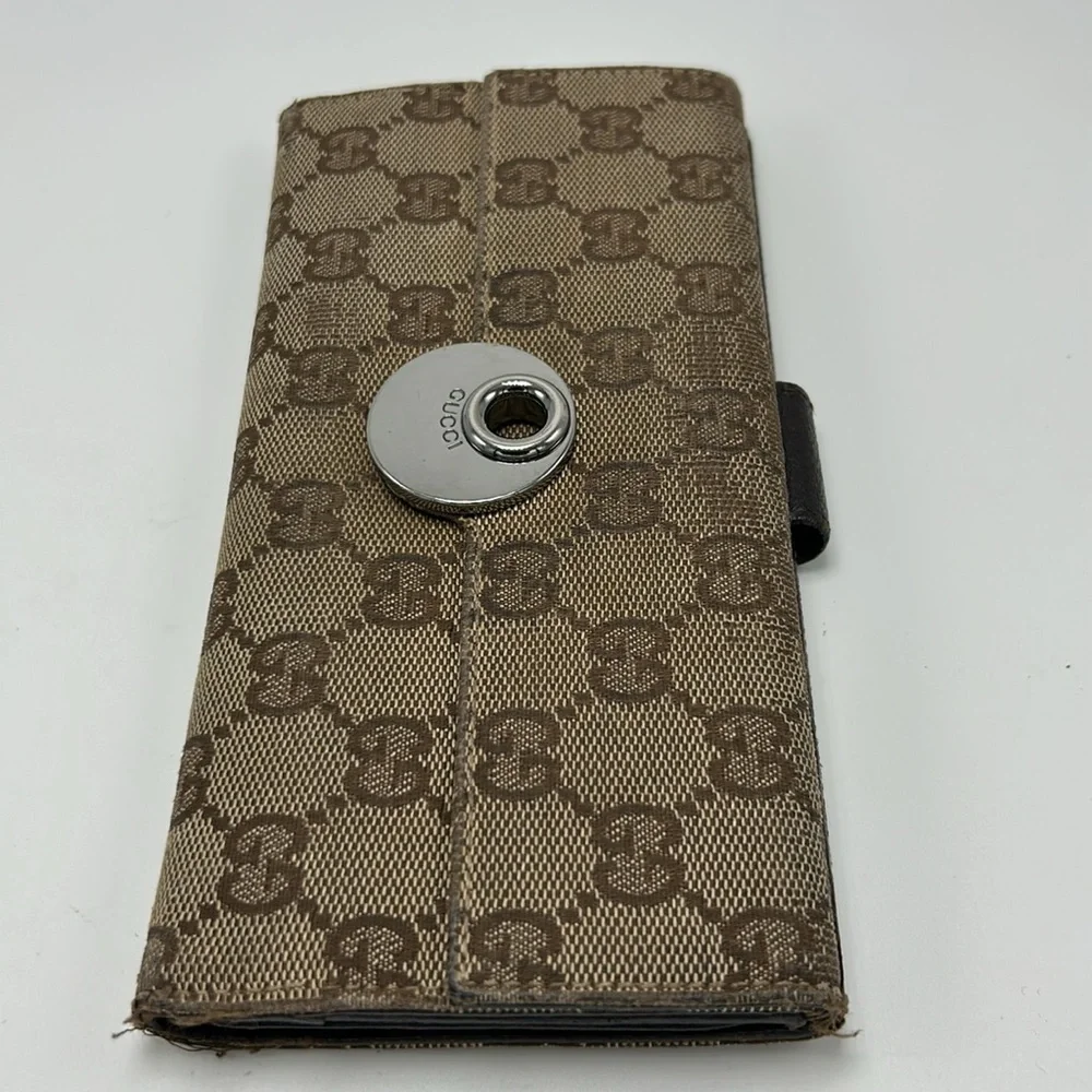 Authentic Vintage Gucci Double Snap Brown Web Long Wallet